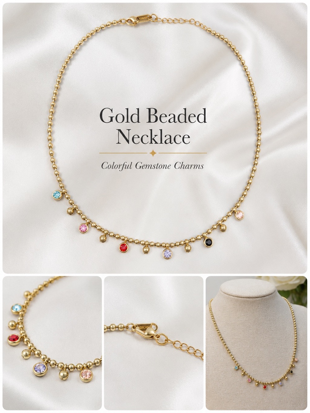 Gold Beaded Necklace with Multicolor Gemstone Charms